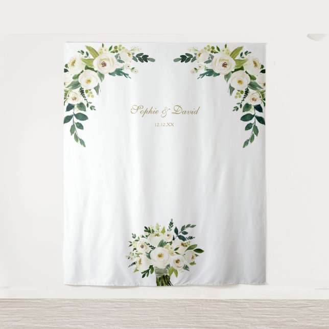 Charm White Floral Wedding Photo Booth Backdrop Tapestry (Front)