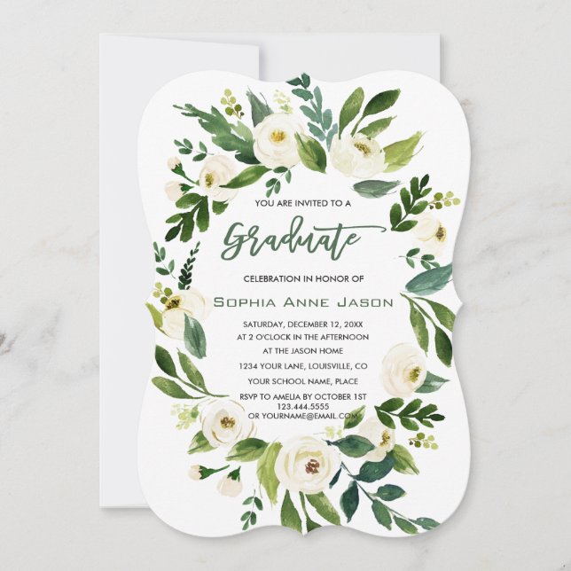 Charm White Floral Wreath Handwriting GRADUATION Invitation (Front)
