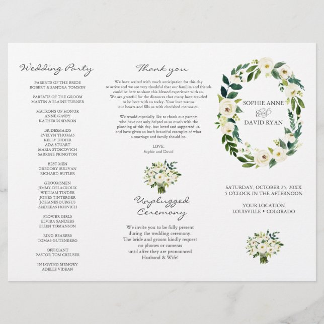 Charm White Floral Wreath Tri+Fold Wedding Program Flyer (Front)