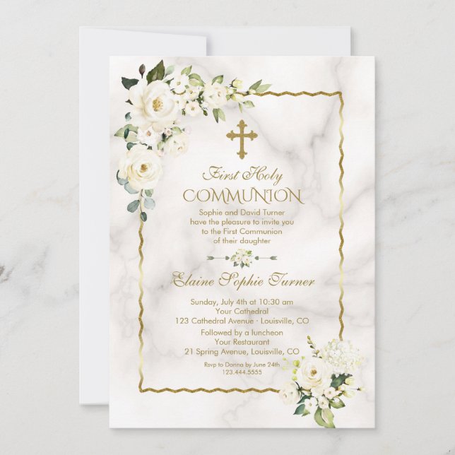 Charm White Flowers Gold First Holy Communion Invitation (Front)
