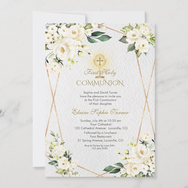 Charm White Flowers Gold First Holy Communion Invitation (Front)