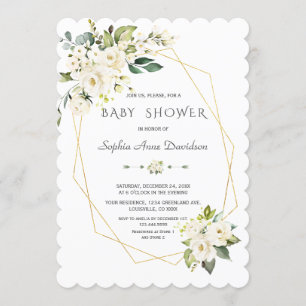 Charm White Flowers Gold Frame Baby Shower Invitation