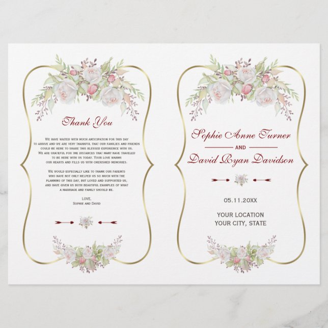 Charm White Flowers Gold Frame Wedding Program (Front)