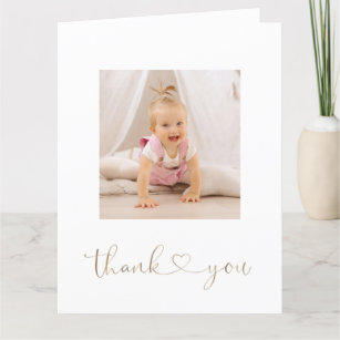 Charm White Flowers Gold Girl Photo Christening  Thank You Card