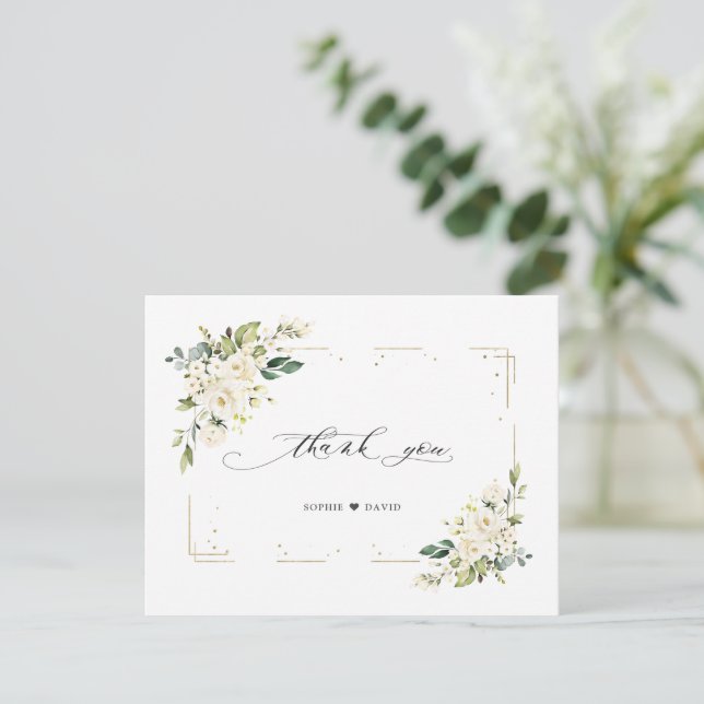 Charm White Flowers Gold Glitter Frame Wedding Thank You Card (Standing Front)