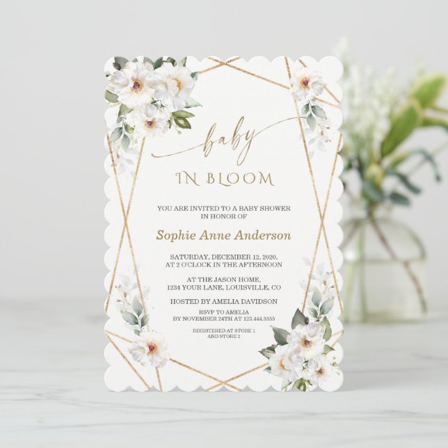 Charm White Flowers Rose Gold Baby in Bloom   Invitation (Standing Front)