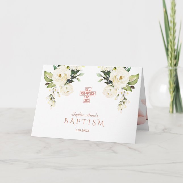 Charm White Flowers Rose Gold Cross Photo Baptism Card (Front)