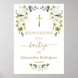 Charm White Flowers Welcome Spanish Baptism Sign