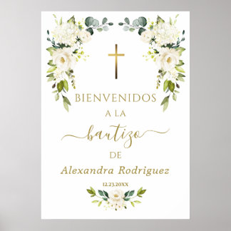 Charm White Flowers Welcome Spanish Baptism Sign