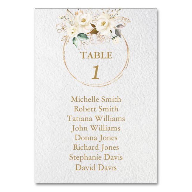 Charm White Gold Flowers Baptism Seating Chart  Table Number (Front)