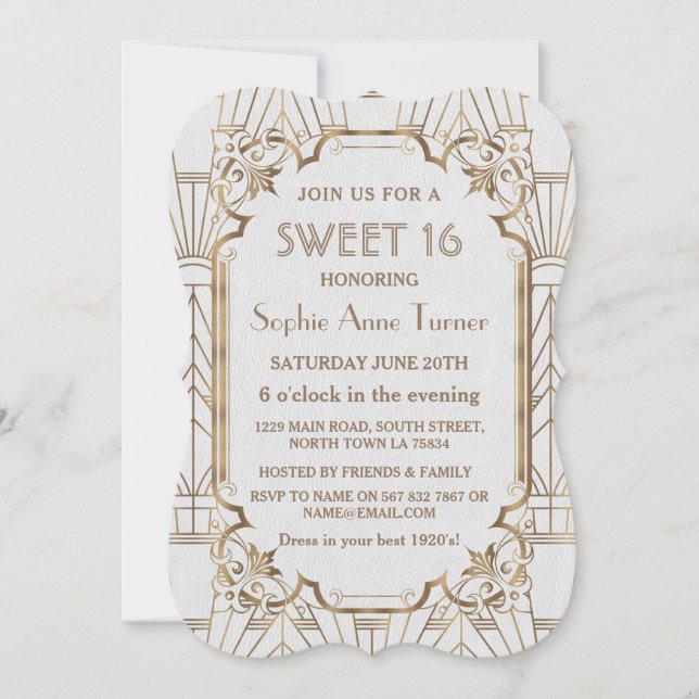 Charm White Gold Great Gatsby Art Deco Sweet 16 Invitation (Front)
