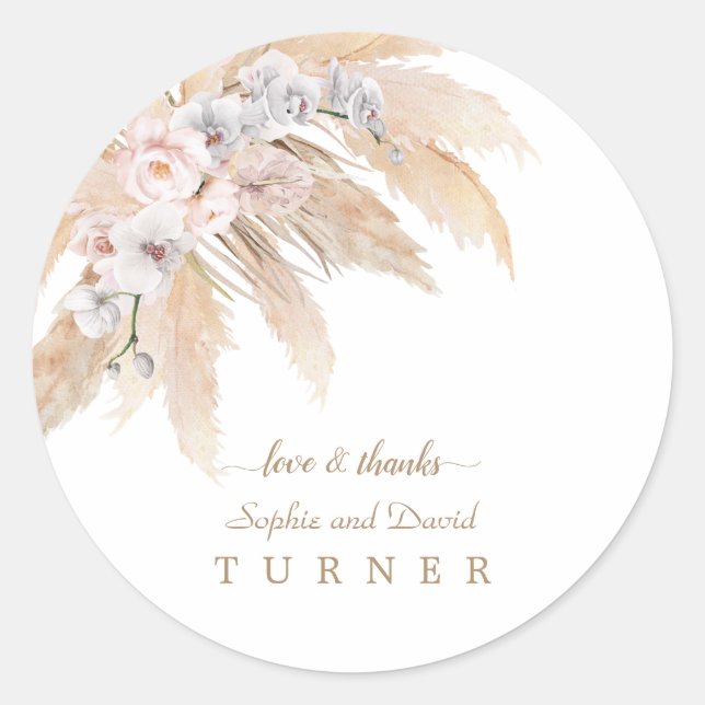 Charm White Orchid Blush Rose Pampas Grass Wedding Classic Round Sticker (Front)