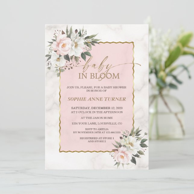 Charm White Pink Flowers Gold Baby in Bloom  Invitation (Standing Front)