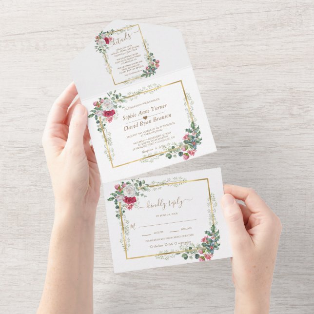Charm White Red Floral Gold Christmas Wedding   All In One Invitation (Tearaway)