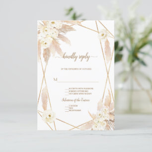 Charm White Roses Pampas Grass Gold Wedding RSVP Card