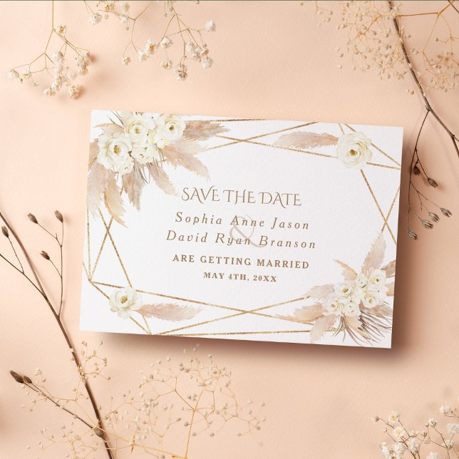 Charm White Roses Pampas Grass Gold Wedding Save The Date (trendy save the date pampas grass white floral gold)