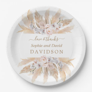 Charm White Roses Pampas Grass Wedding  Paper Plate