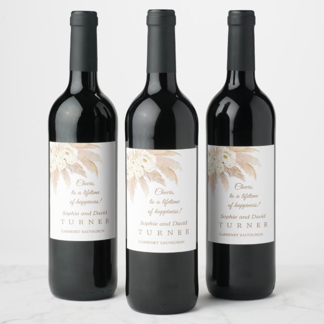 Charm White Roses Pampas Grass Wedding Wine Label (Bottles)