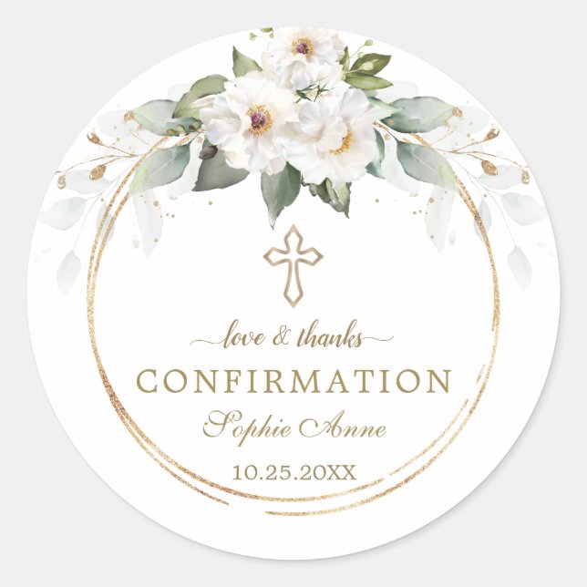 Charm Wild White Roses Gold Cross Confirmation   Classic Round Sticker (Front)