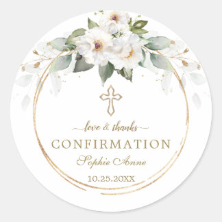 Charm Wild White Roses Gold Cross Confirmation   Classic Round Sticker