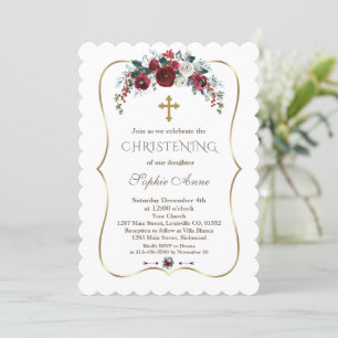 Charm Winter Burgundy Floral Pine Gold Christening Invitation