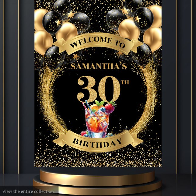 Charming 30th Birthday Whiskey Black Gold Banner Tapestry (Charming 30th Birthday Whiskey Black Gold Banner)