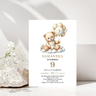 Charming 9th Birthday Teddy Bear Gold Balloons Invitation