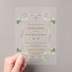 Charming Airy Greenery Gold Cross Dedication  Acrylic Invitations