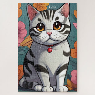 Charming American Shorthair Cat Floral Art Jigsaw Puzzle