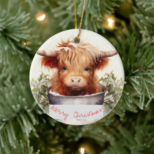 Charming and Cute Christmas Highland Cow Ceramic Ornament