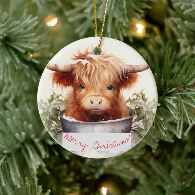 Charming and Cute Christmas Highland Cow Ceramic Ornament (Tree)