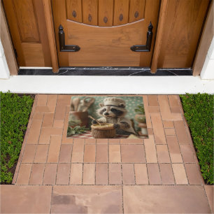 Charming and Cute Raccoon Chef Stirring a Bowl Doormat