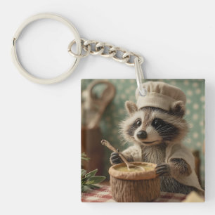 Charming and Cute Raccoon Chef Stirring a Bowl Key Ring