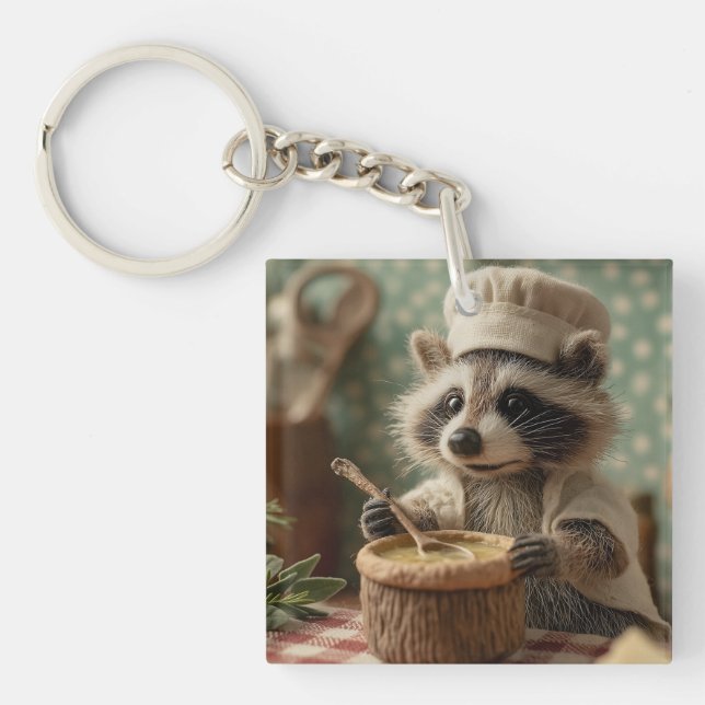 Charming and Cute Raccoon Chef Stirring a Bowl Key Ring (Front)