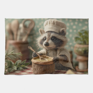 Charming and Cute Raccoon Chef Stirring a Bowl Tea Towel