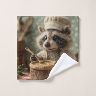 Charming and Cute Raccoon Chef Stirring a Bowl Wash Cloth