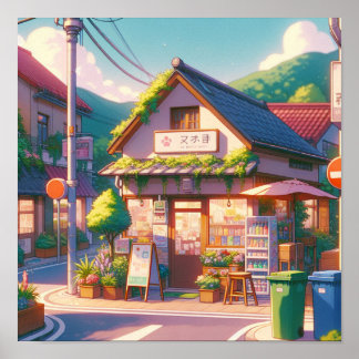 Charming Anime-Style Local Shop Art Poster