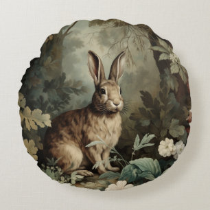 Charming Antique Hare in Lush Forest  Round Cushion