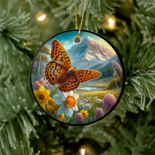 Charming Aphrodite Fritillary Butterfly Ceramic Ornament