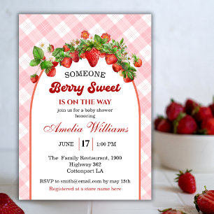 Charming Arch Pink Strawberry Gingham Baby Shower Invitation