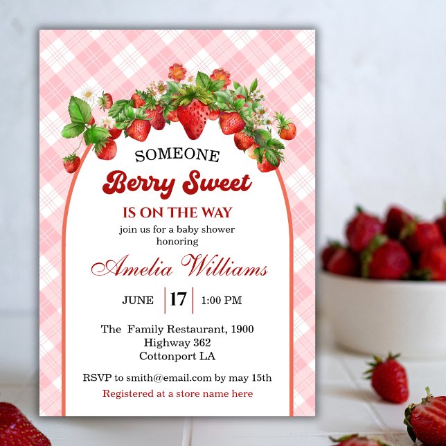 Charming Arch Pink Strawberry Gingham Baby Shower Invitation (Creator Uploaded)