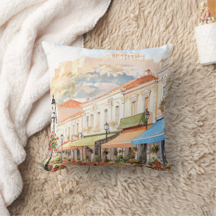 Charming Athens Greece Street Watercolor Cushion