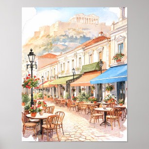 Charming Athens Greece Street Watercolor Poster