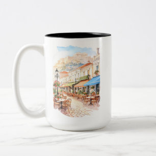 Charming Athens Greece Street Watercolor Two-Tone Coffee Mug