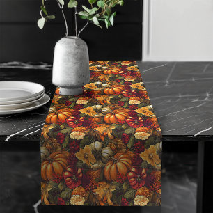 Charming Autumn Floral Pumpkins Harvest Motifs Long Table Runner