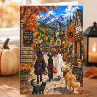 Charming Autumn Mountain Village Happy Halloween Card