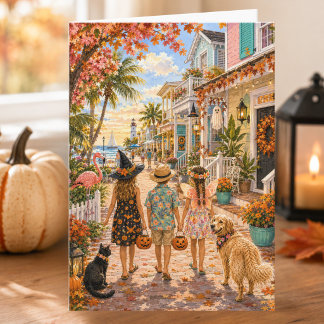 Charming Autumn Ocean Beach Town Happy Halloween Card