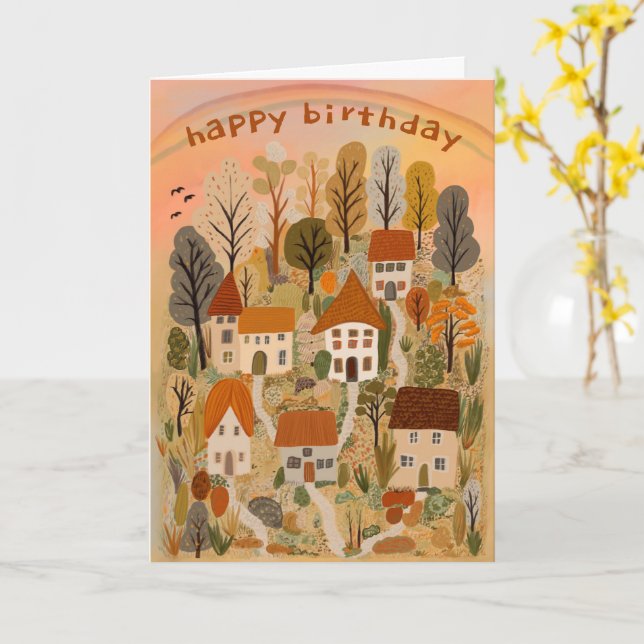 Charming Autumn Village Fall Cute Birthday  Card (Yellow Flower)