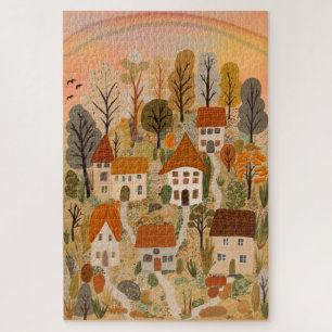 Charming Autumn Village Fall Watercolor Art Jigsaw Puzzle
