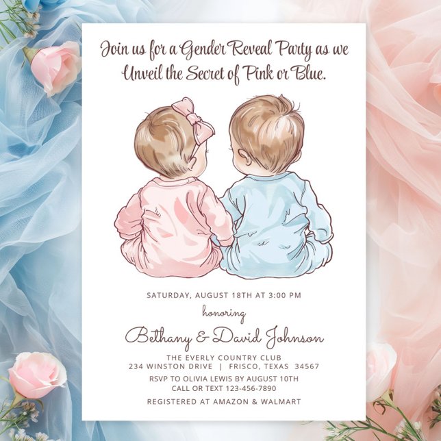 Charming Babies in Pyjamas Gender Reveal Party Invitation (Adorable babies wearing pajamas gender reveal invitation. A sweet invitation for the big reveal!)
